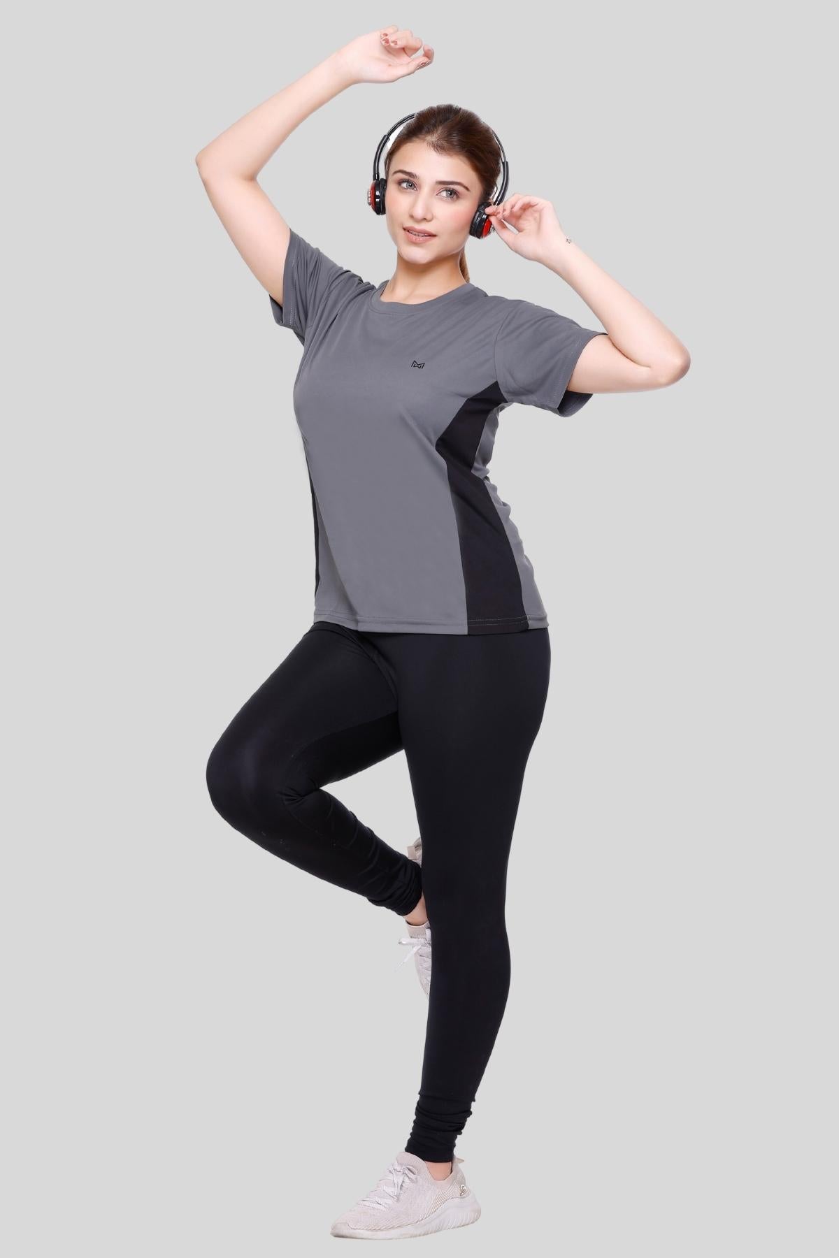 White Moon Women Self Design Round Neck Polyester Sports Gym T-Shirt