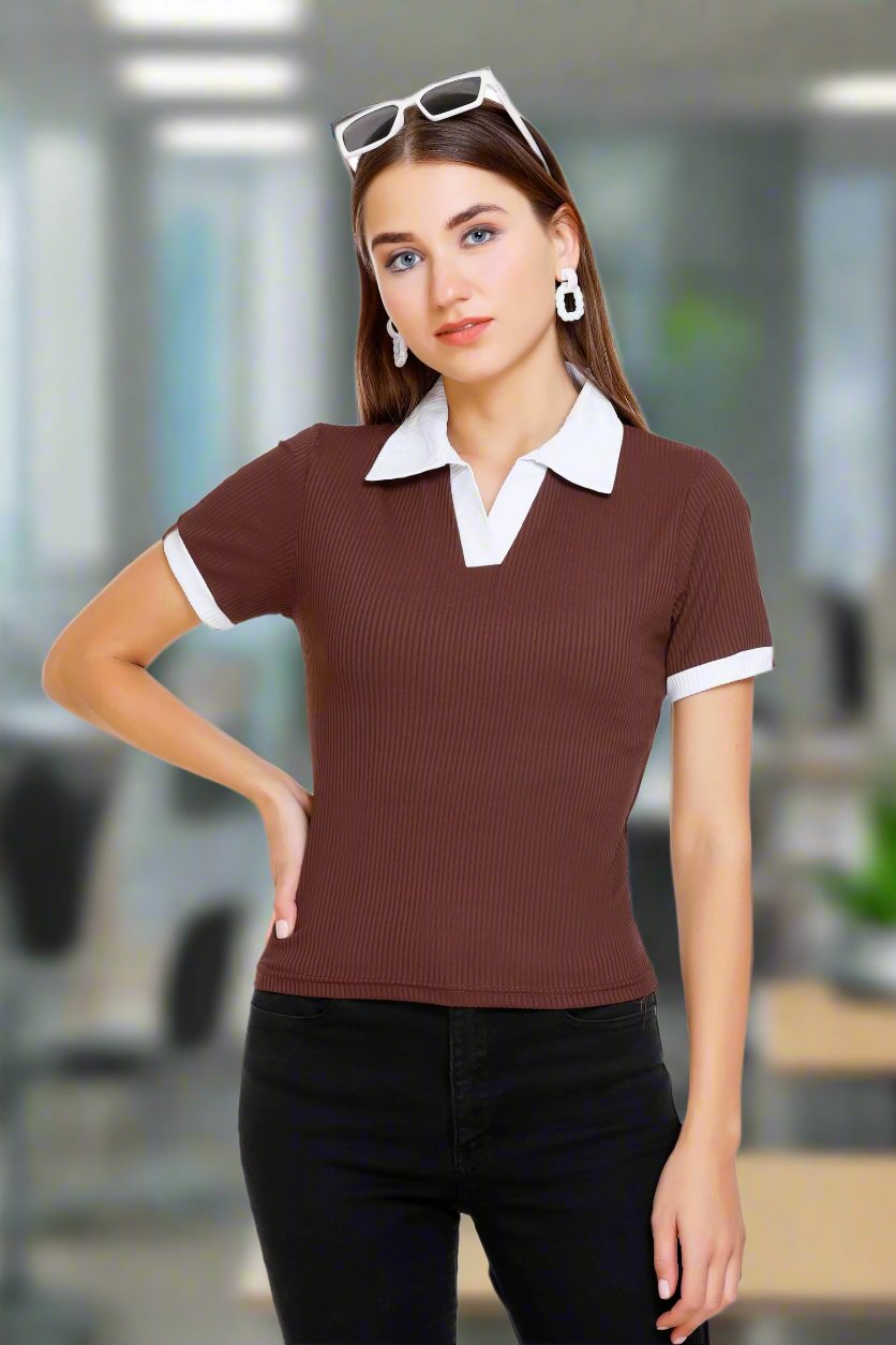 White Moon Women Collar Top (Brown)