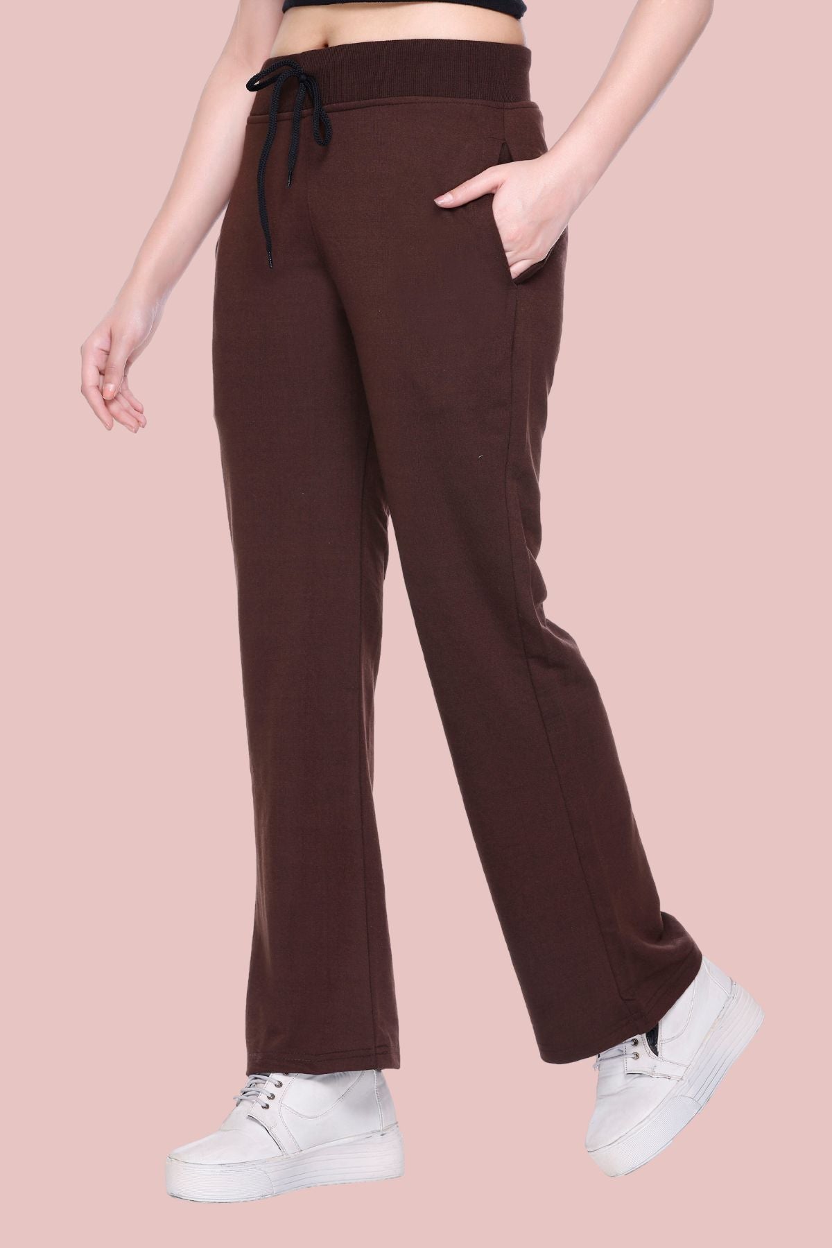 White Moon  Women Solid Coffee Bootcut Track Pants