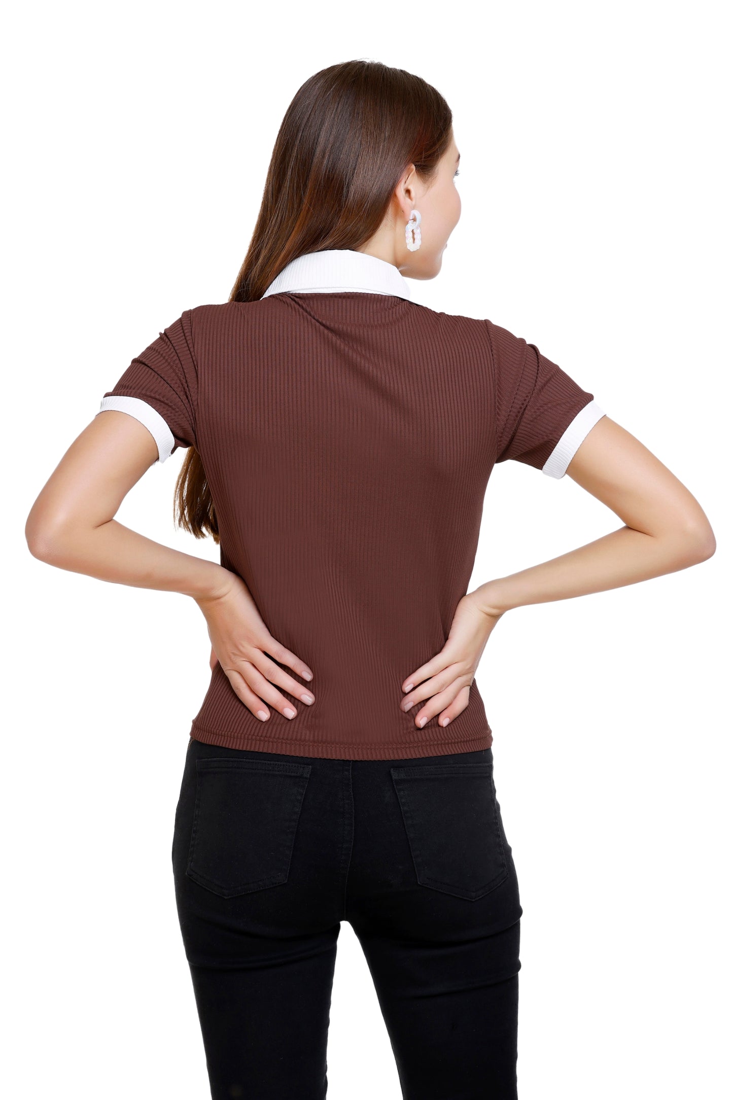 White Moon Women Collar Top (Brown)