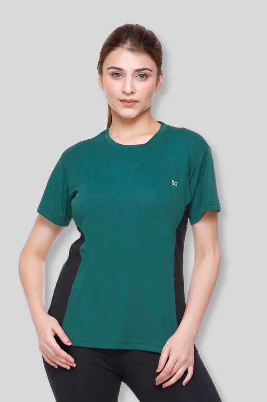 White Moon Women Color block Round Neck Polyester Sports Gym T-Shirt