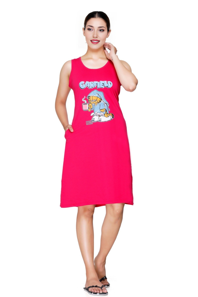 White Moon Women Pink Nighty Printed Knee Length Night Dress Sleeveless Night Dresses