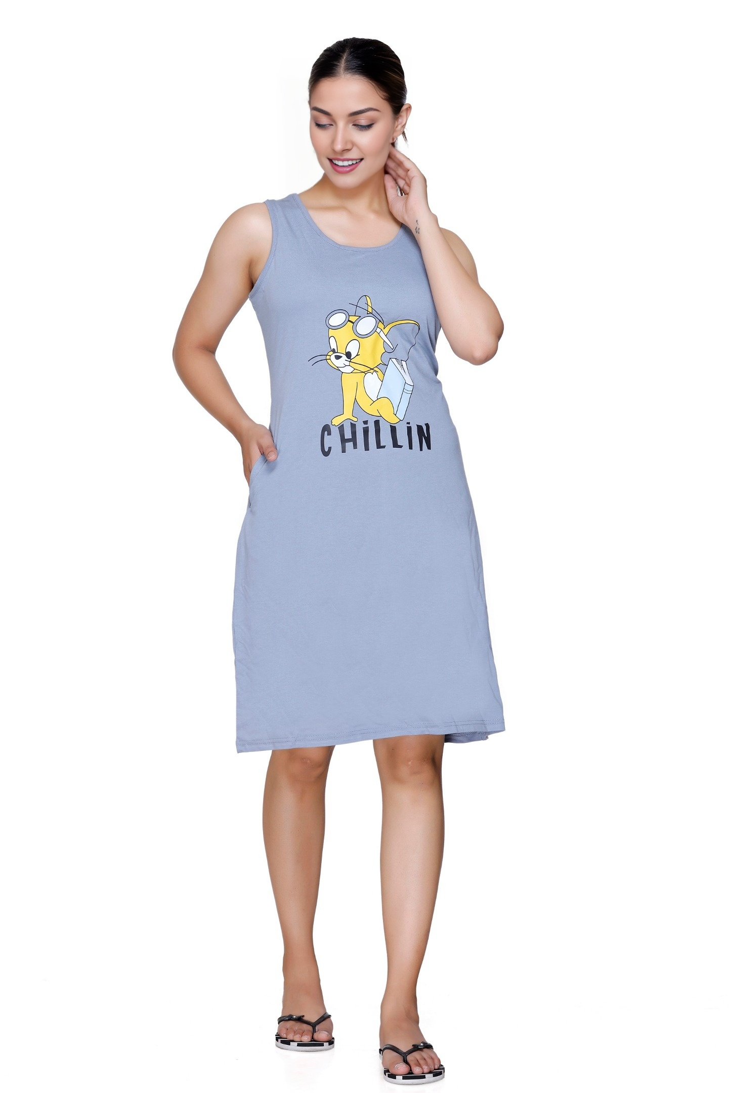 White Moon Women Steel Grey Nighty Printed Knee Length Night Dress Sleeveless Night Dresses