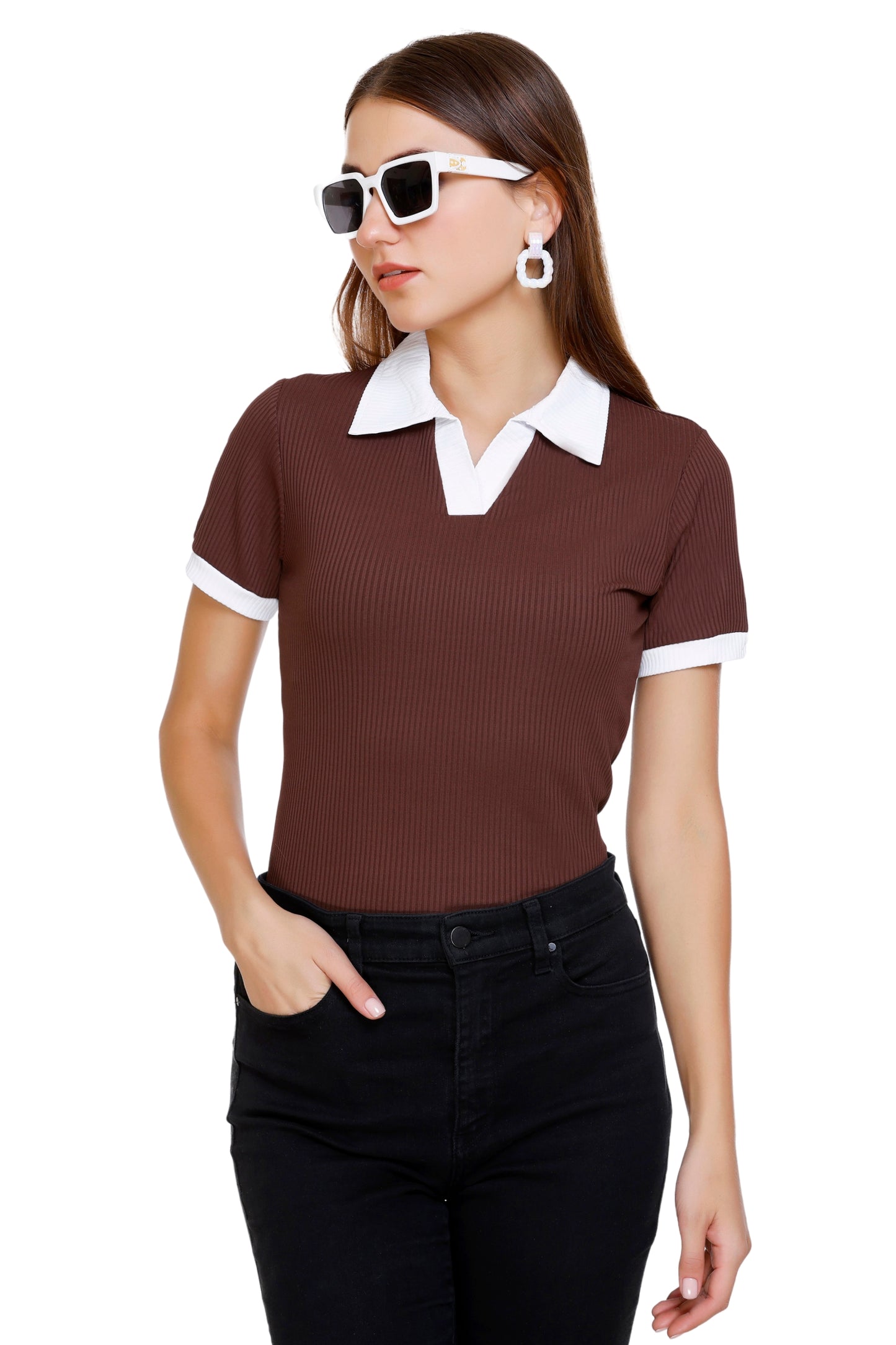 White Moon Women Collar Top (Brown)