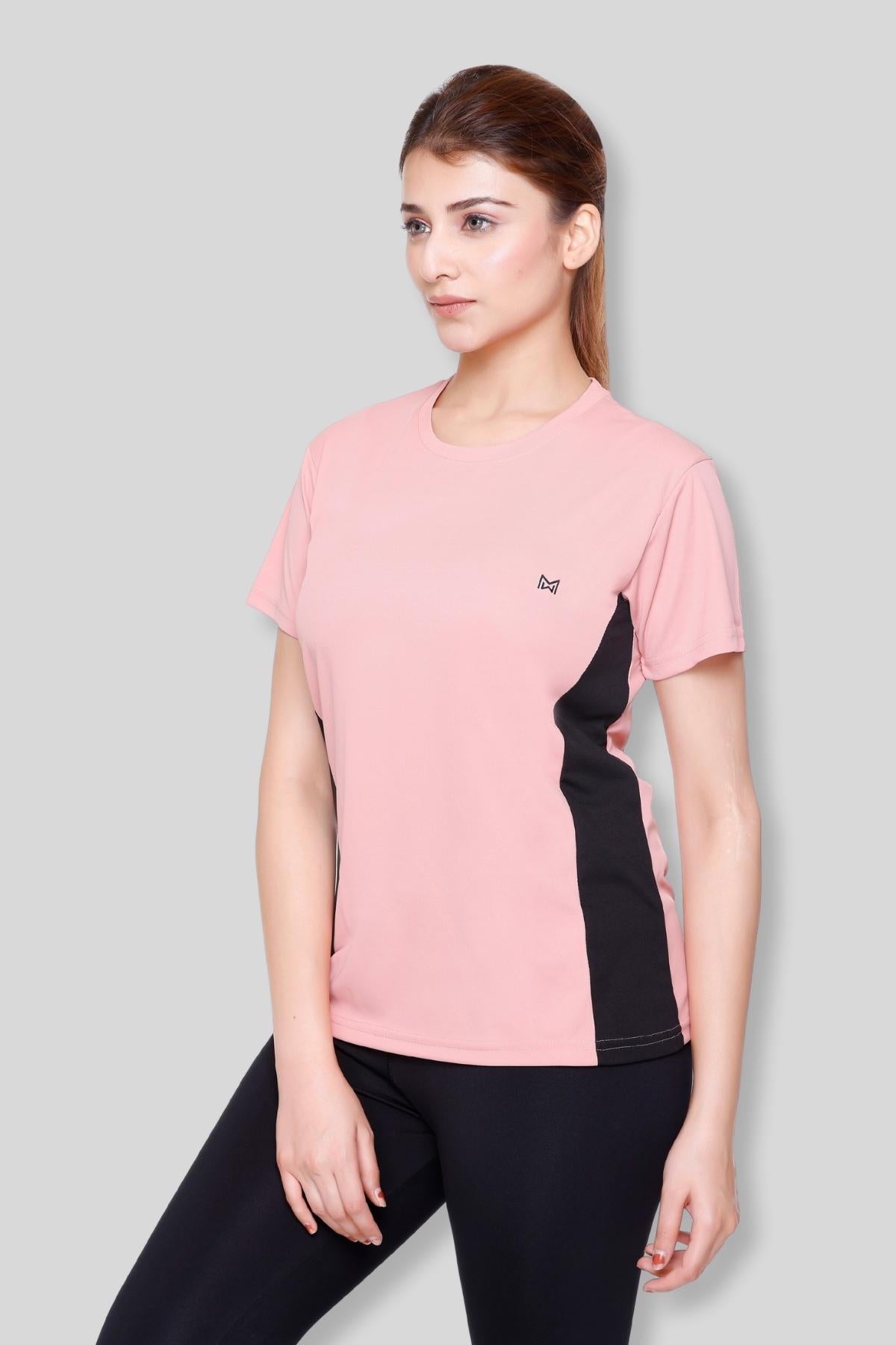 White Moon Women Color block Self Design Round Neck Polyester Sports Gym T-Shirt