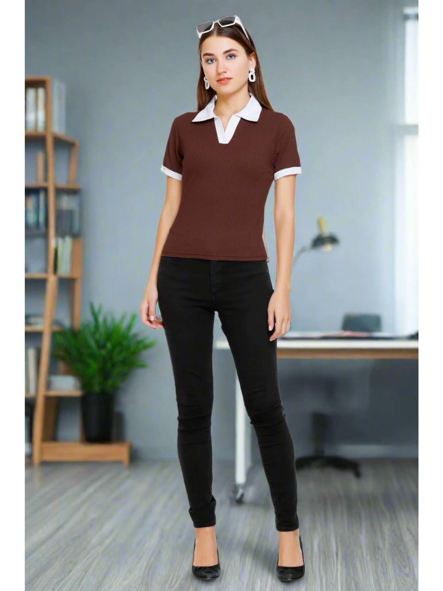 White Moon Women Collar Top (Brown)