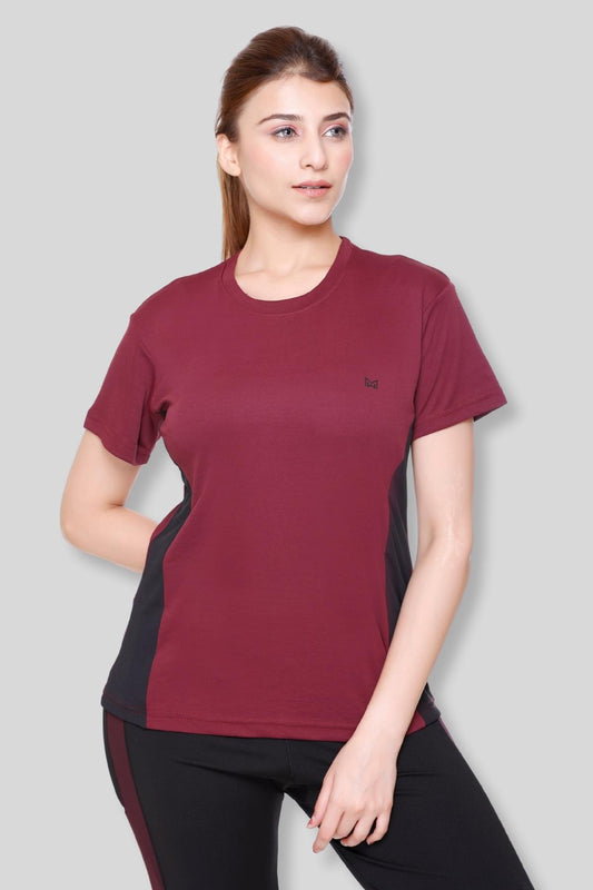 White Moon Women Color block Self Design Round Neck Polyester Sports Gym T-Shirt