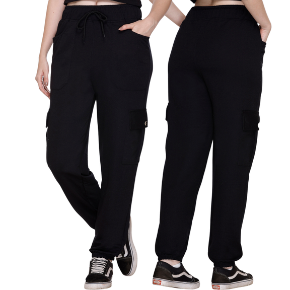 White Moon Women's Cotton Regular Fit Mid Rise Cargo Gym Joggers (Black)