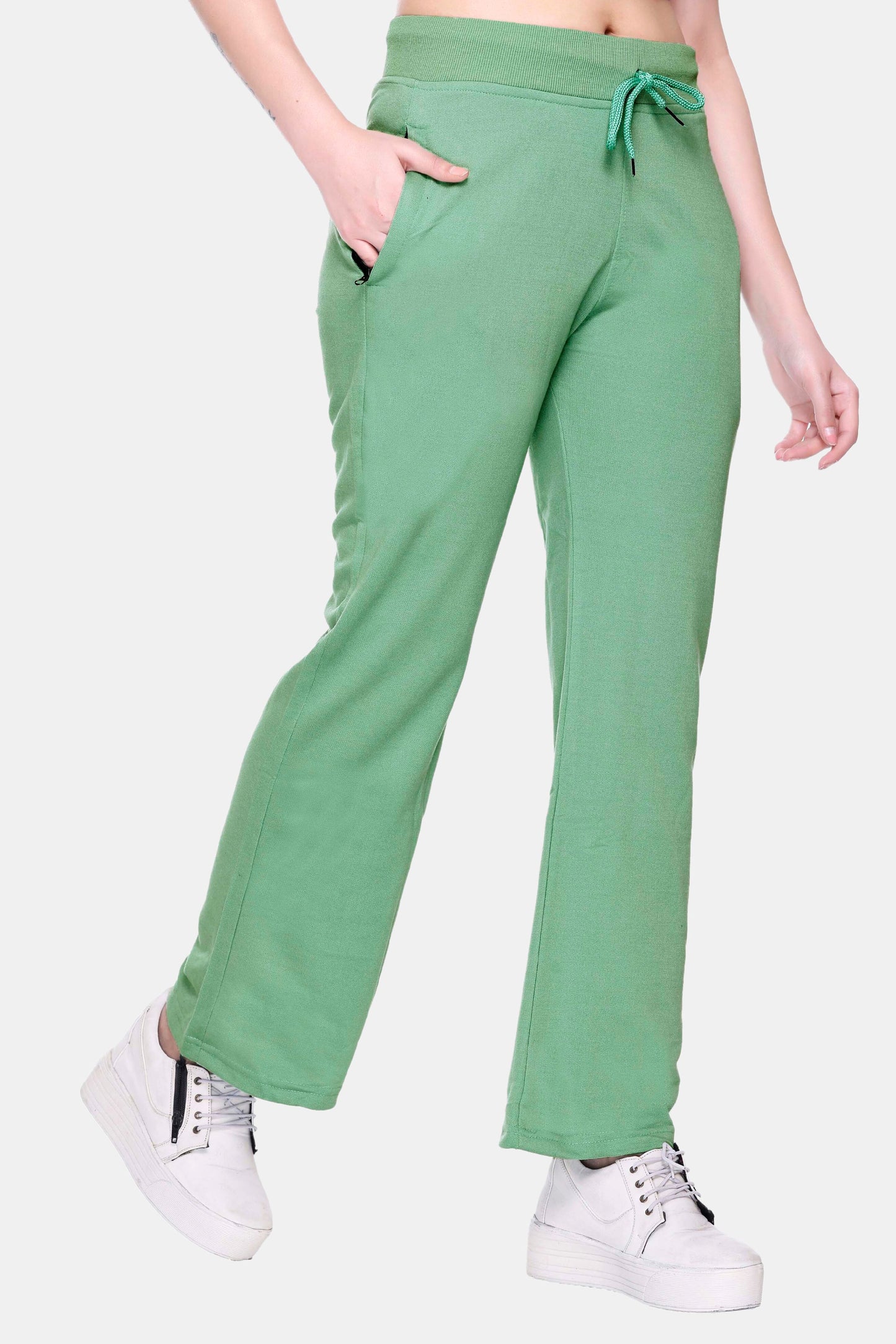 White Moon  Women Solid C-Green Bootcut Track Pants