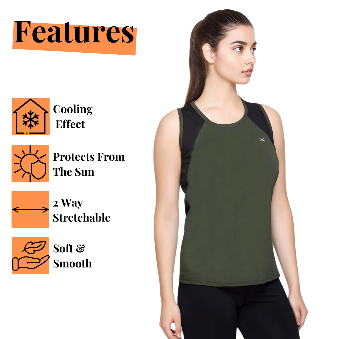 White Moon Women's Dry Fit Polyester Sleeveless T-Shirt (Olive)