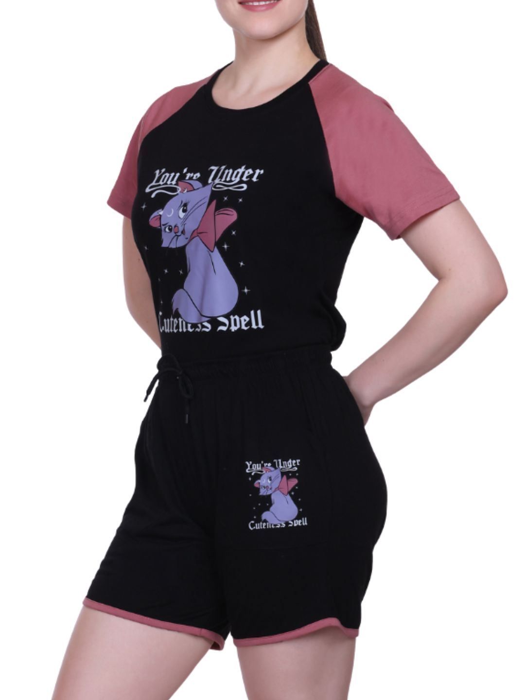 White Moon Women's Cotton Half Sleeve T-Shirt & Short Pyjama Set (Black)