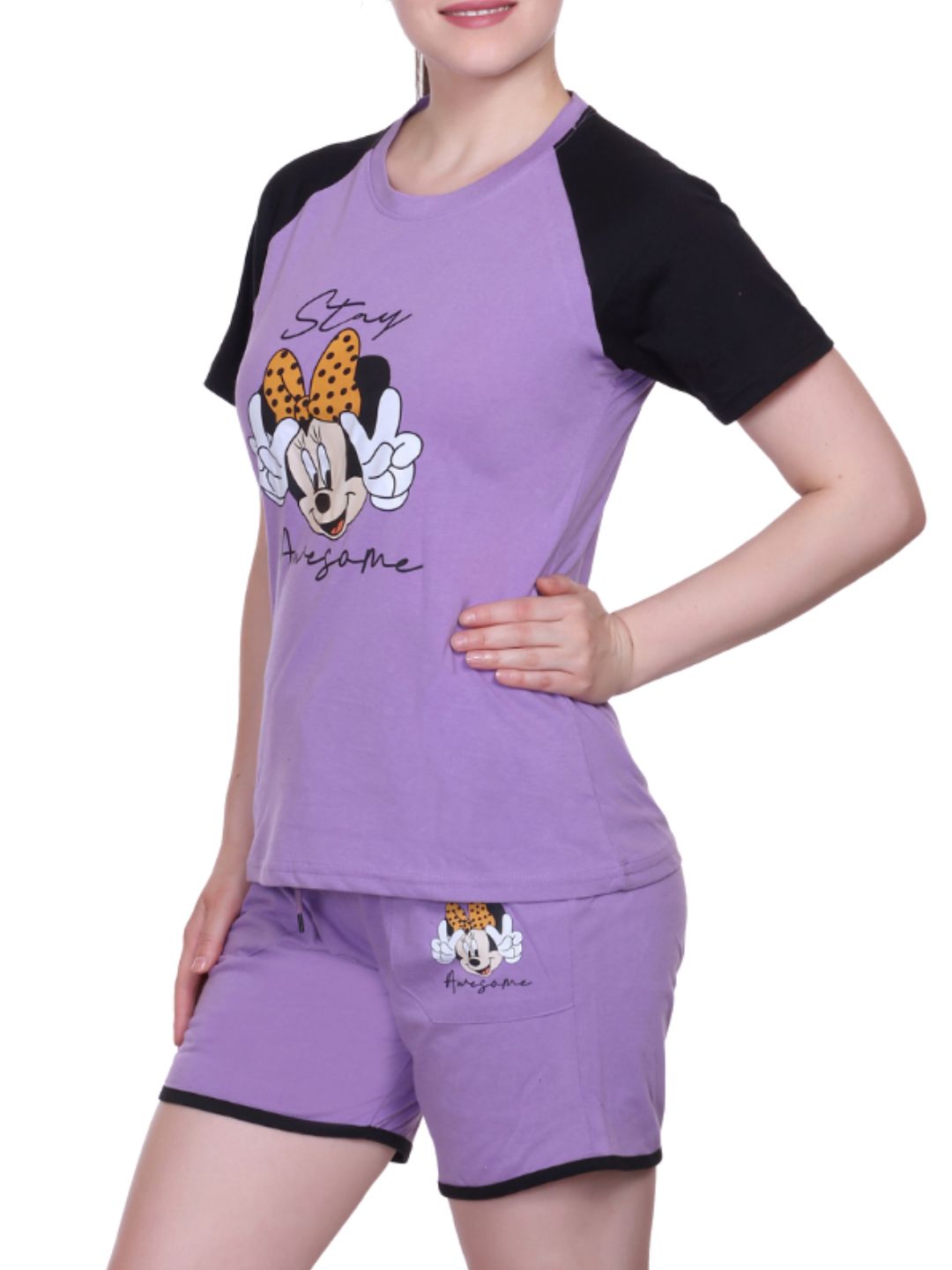 White Moon Women's Cotton Half Sleeve T-Shirt & Short Pyjama Set (Lavender)