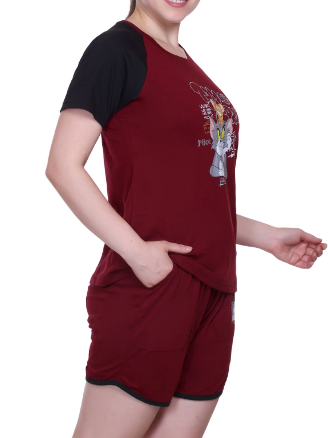 White Moon Women's Cotton Half Sleeve T-Shirt & Short Pyjama Set (Maroon)