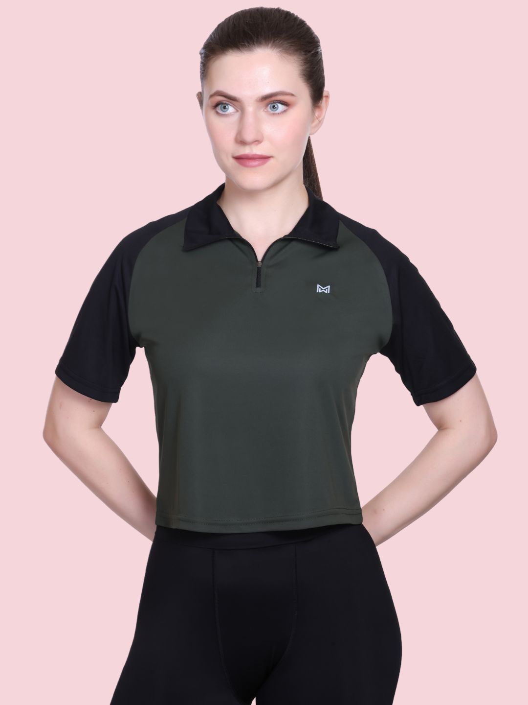 White Moon Women Crop Gym T Shrit/ Top (Olive)