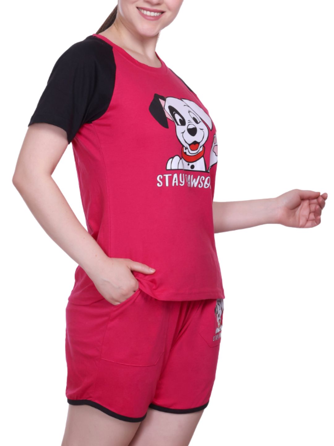 White Moon Women's Cotton Half Sleeve T-Shirt & Short Pyjama Set (Pink)