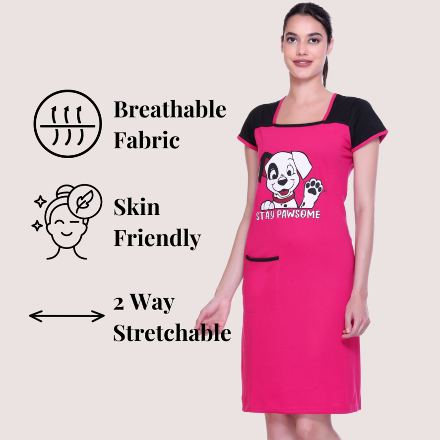 White Moon Pink Knee Length Nighty for Women with Pocket