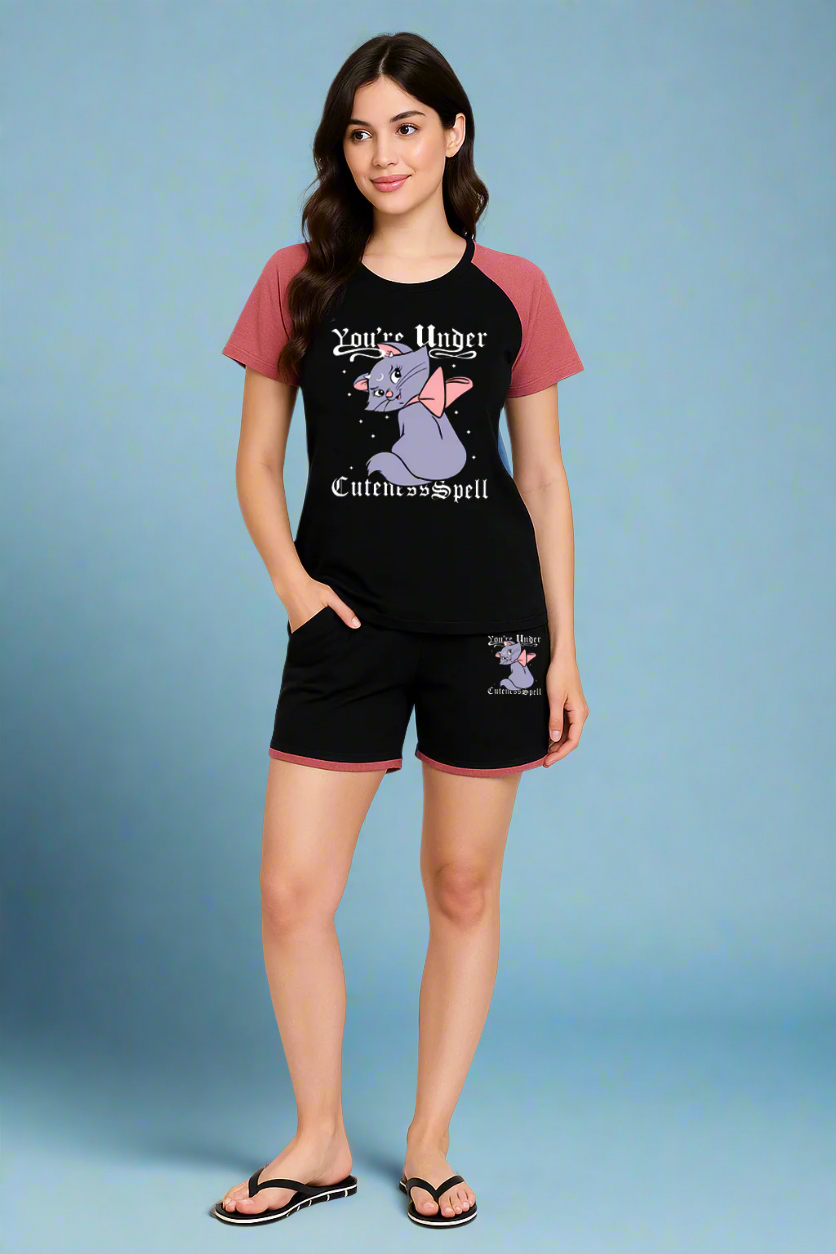 White Moon Women's Cotton Half Sleeve T-Shirt & Short Pyjama Set (Black)