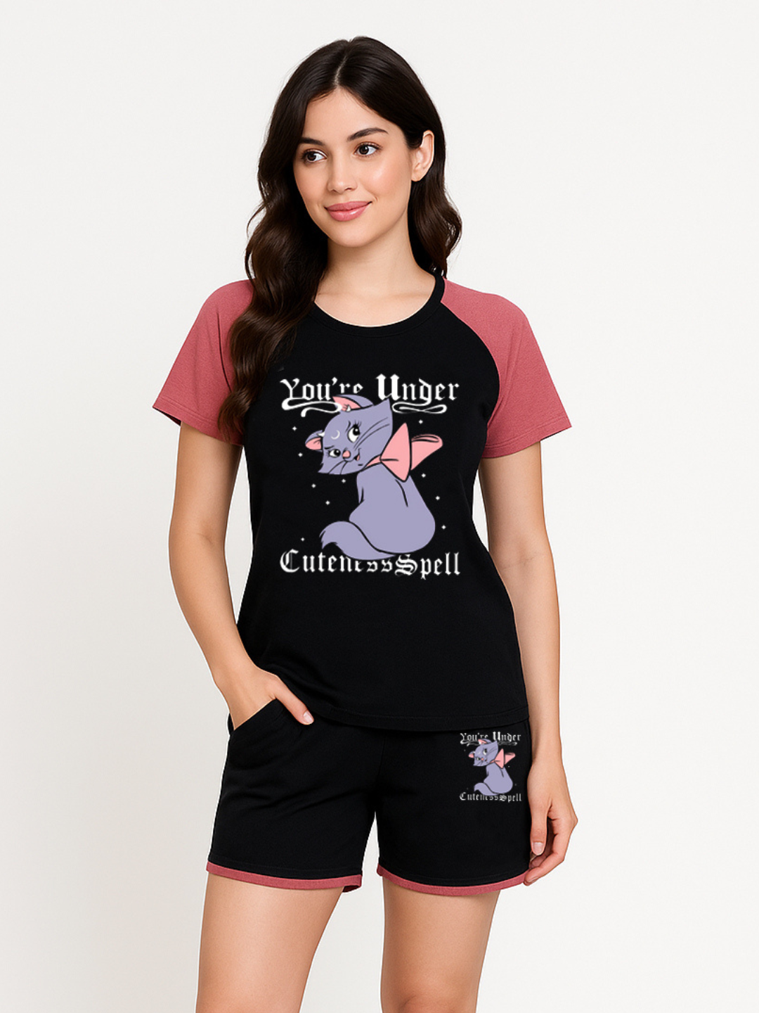 White Moon Women's Cotton Half Sleeve T-Shirt & Short Pyjama Set (Black)