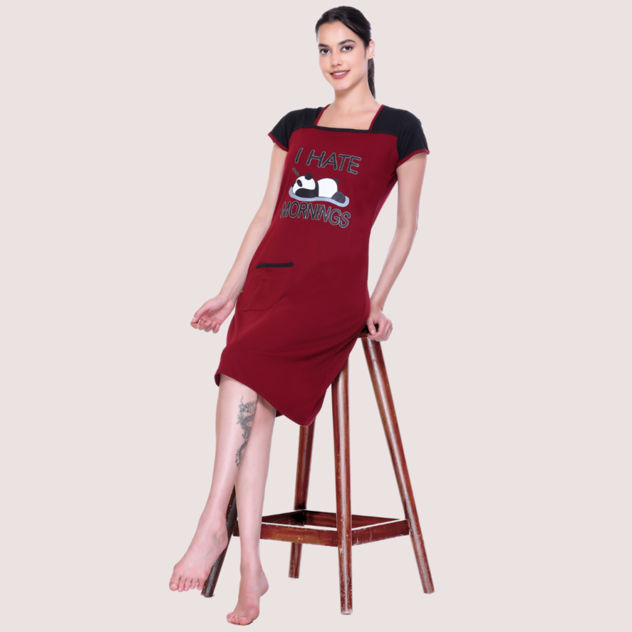White Moon Maroon Knee Length Nighty for Women with Pocket