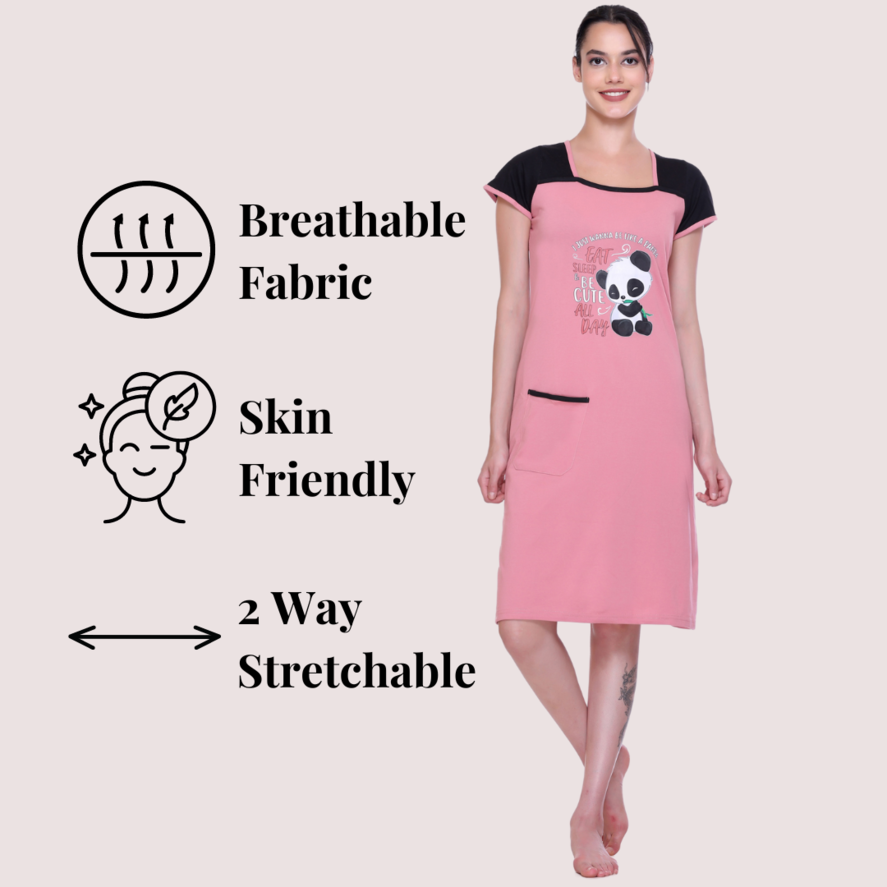 White Moon Onion Knee Length Nighty for Women with Pocket