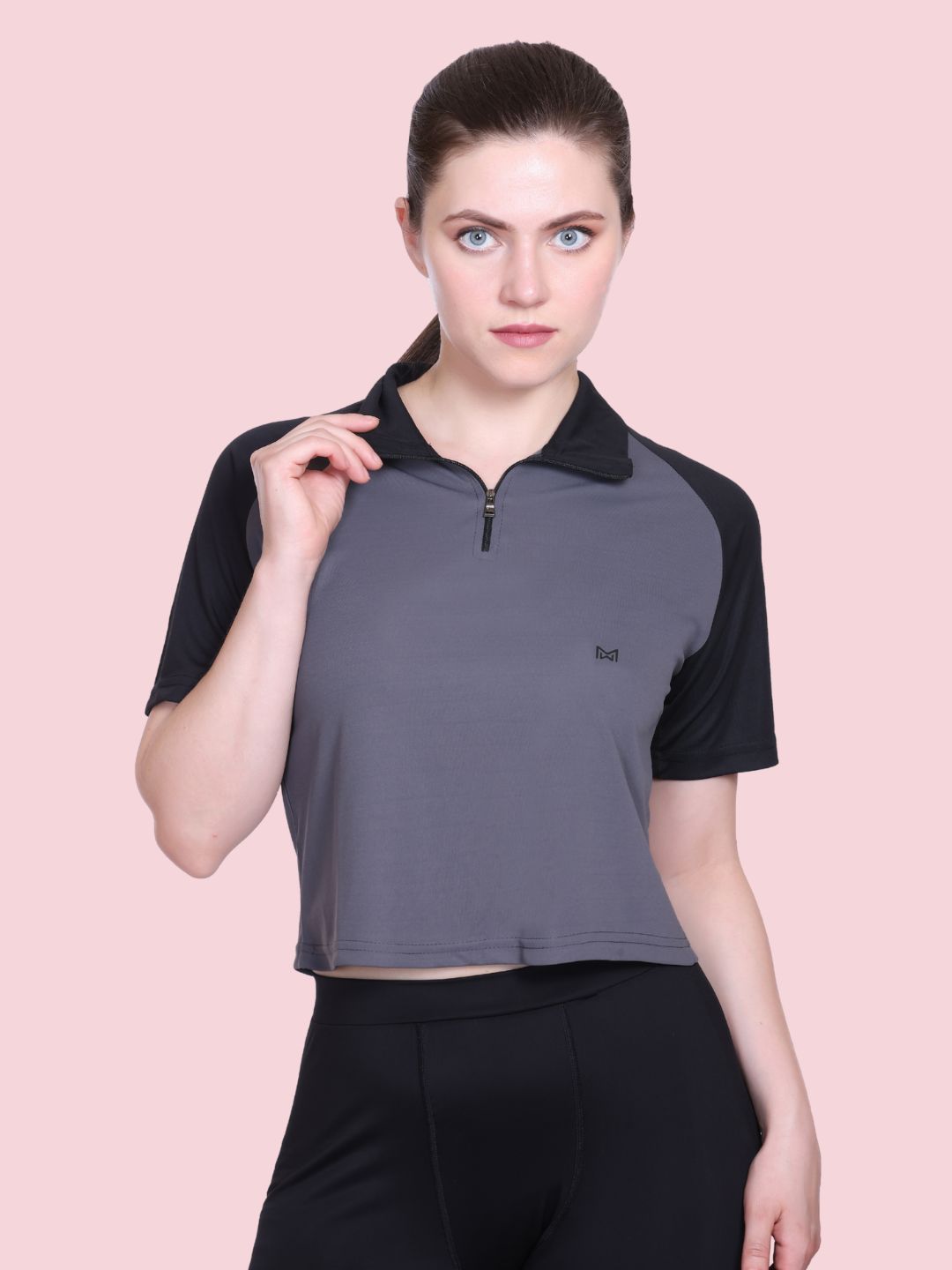 White Moon Women Crop Gym T Shrit/ Top (Grey)