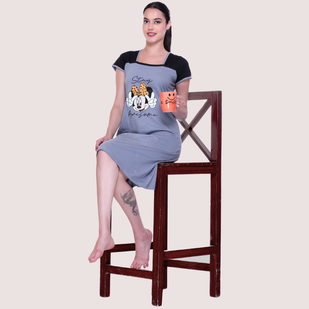 White Moon Steel Grey Knee Length Nighty for Women with Pocket