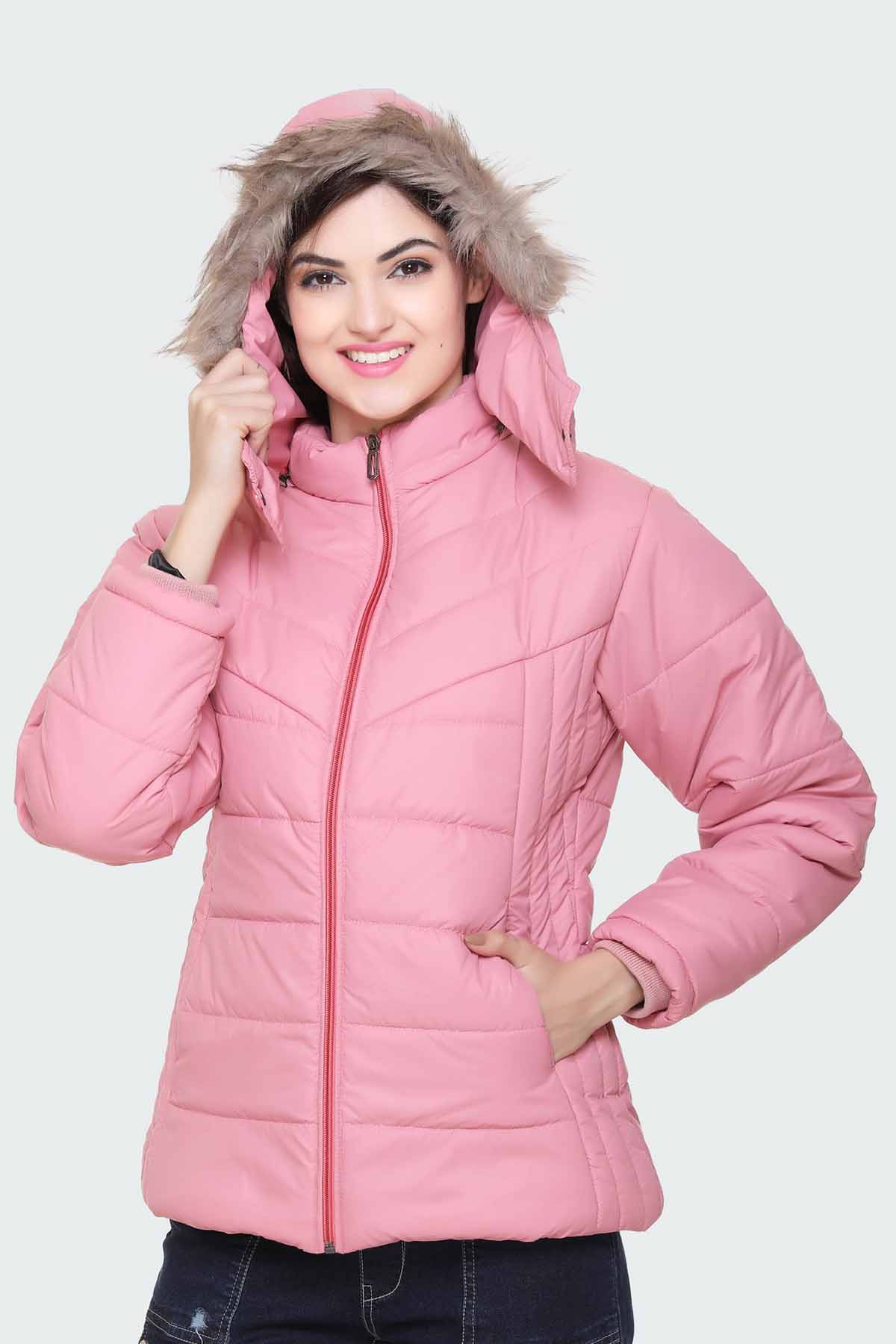 White Moon Nylon Winter Zipper Hood Ladies Jacket (Pink)