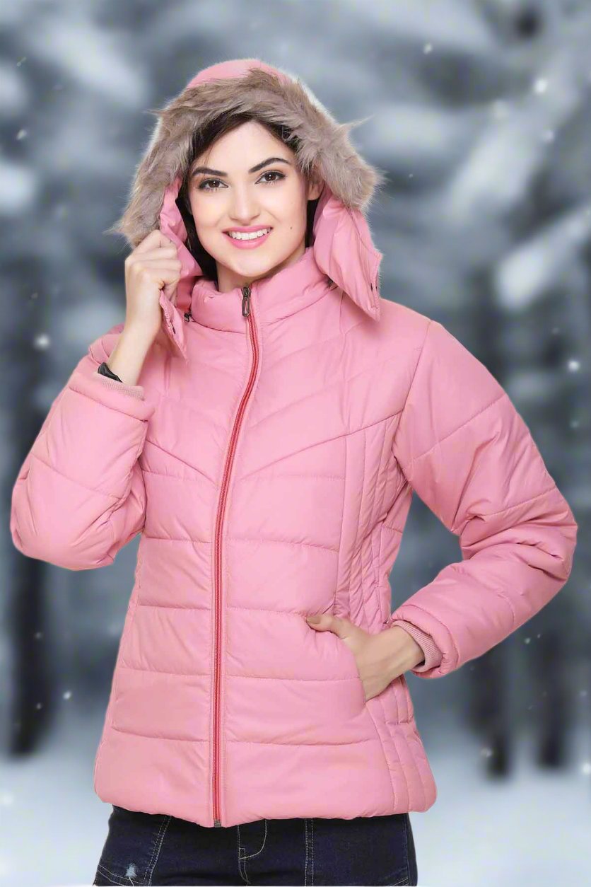 White Moon Nylon Winter Zipper Hood Ladies Jacket (Pink)