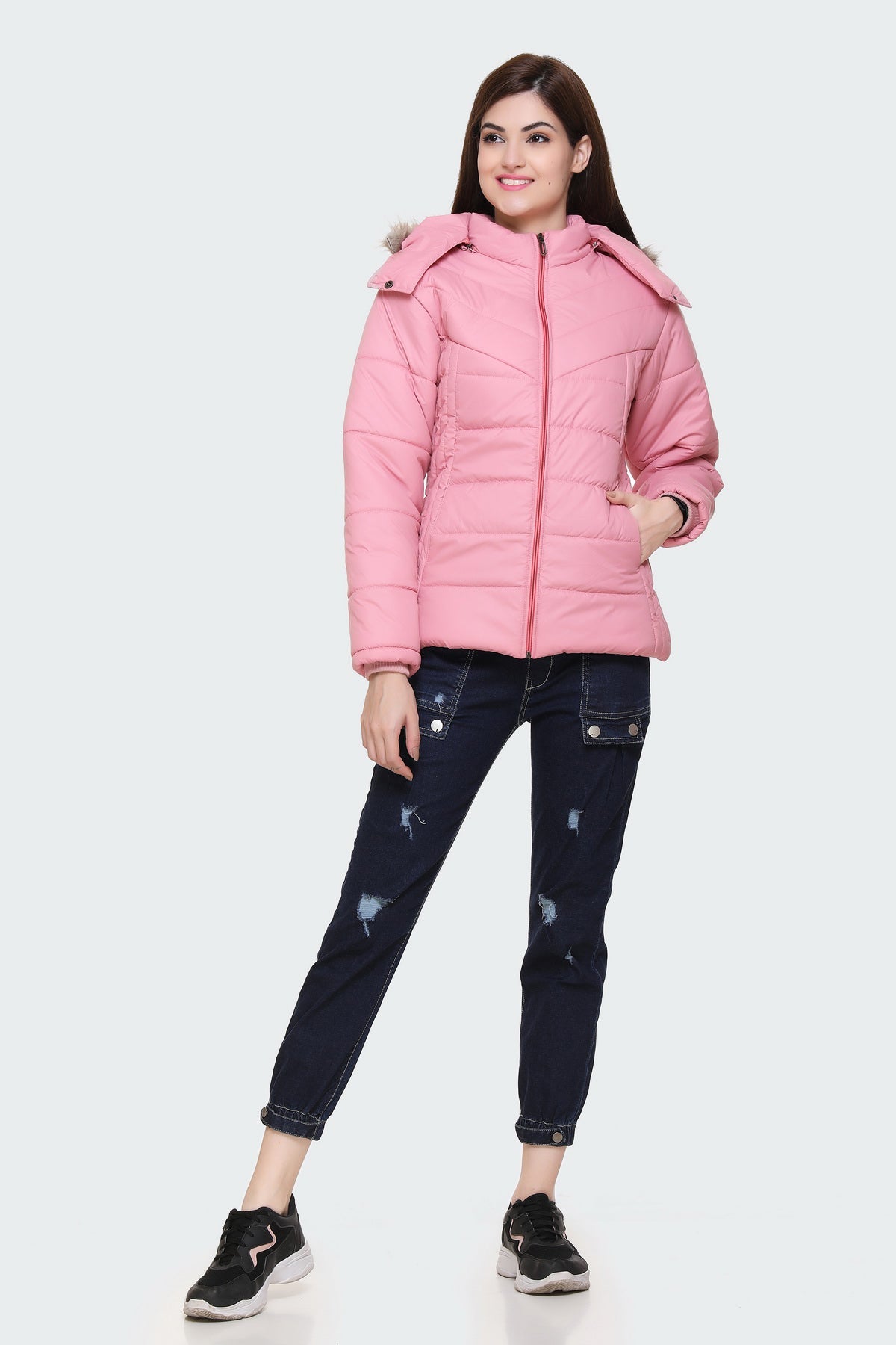 White Moon Nylon Winter Zipper Hood Ladies Jacket (Pink) whitemoon.in