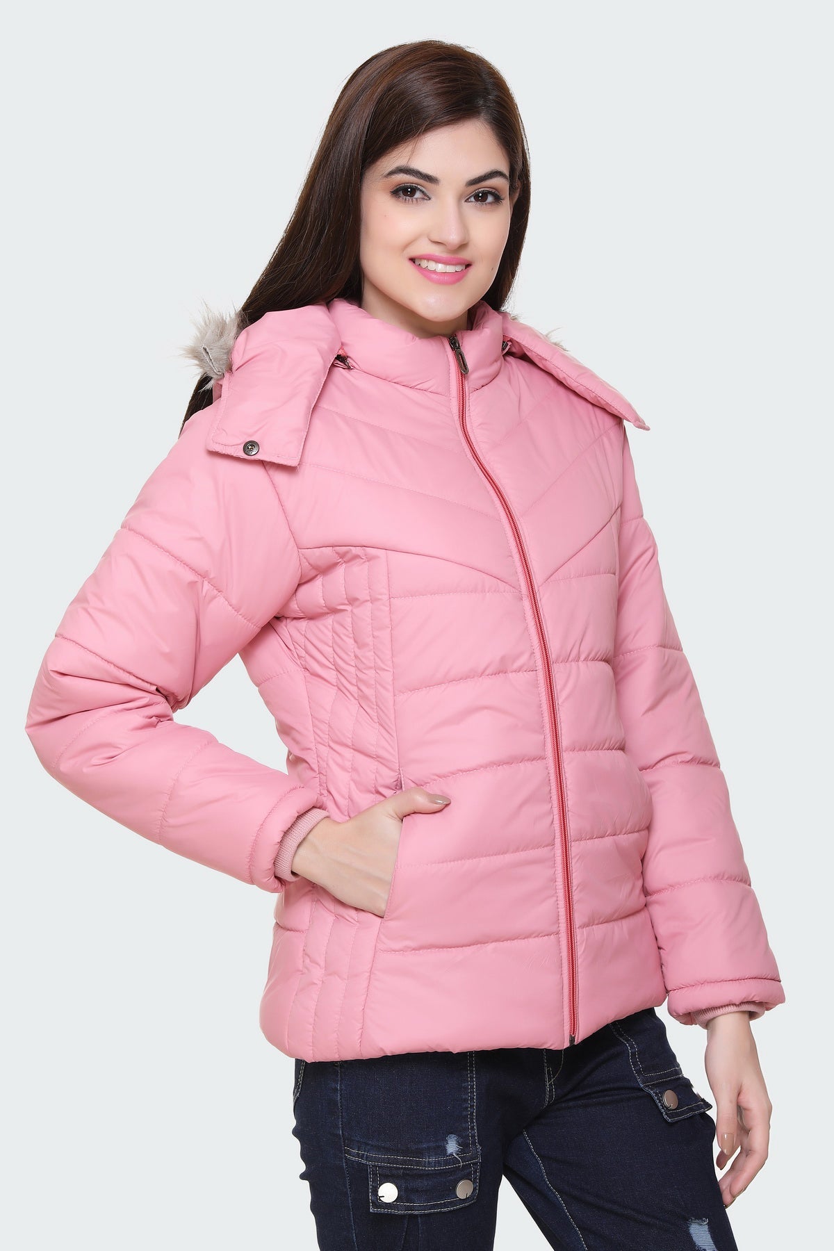 White Moon Nylon Winter Zipper Hood Ladies Jacket (Pink) whitemoon.in