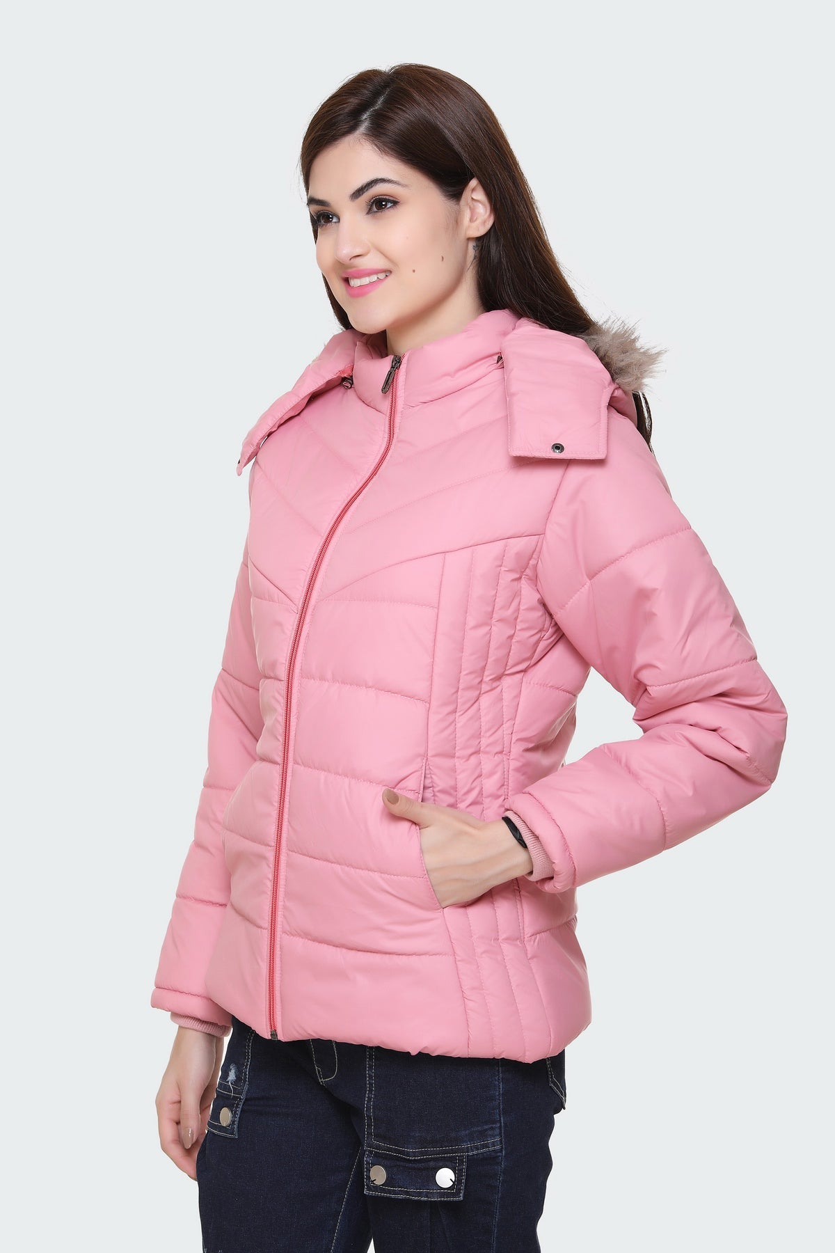 White Moon Nylon Winter Zipper Hood Ladies Jacket (Pink) whitemoon.in