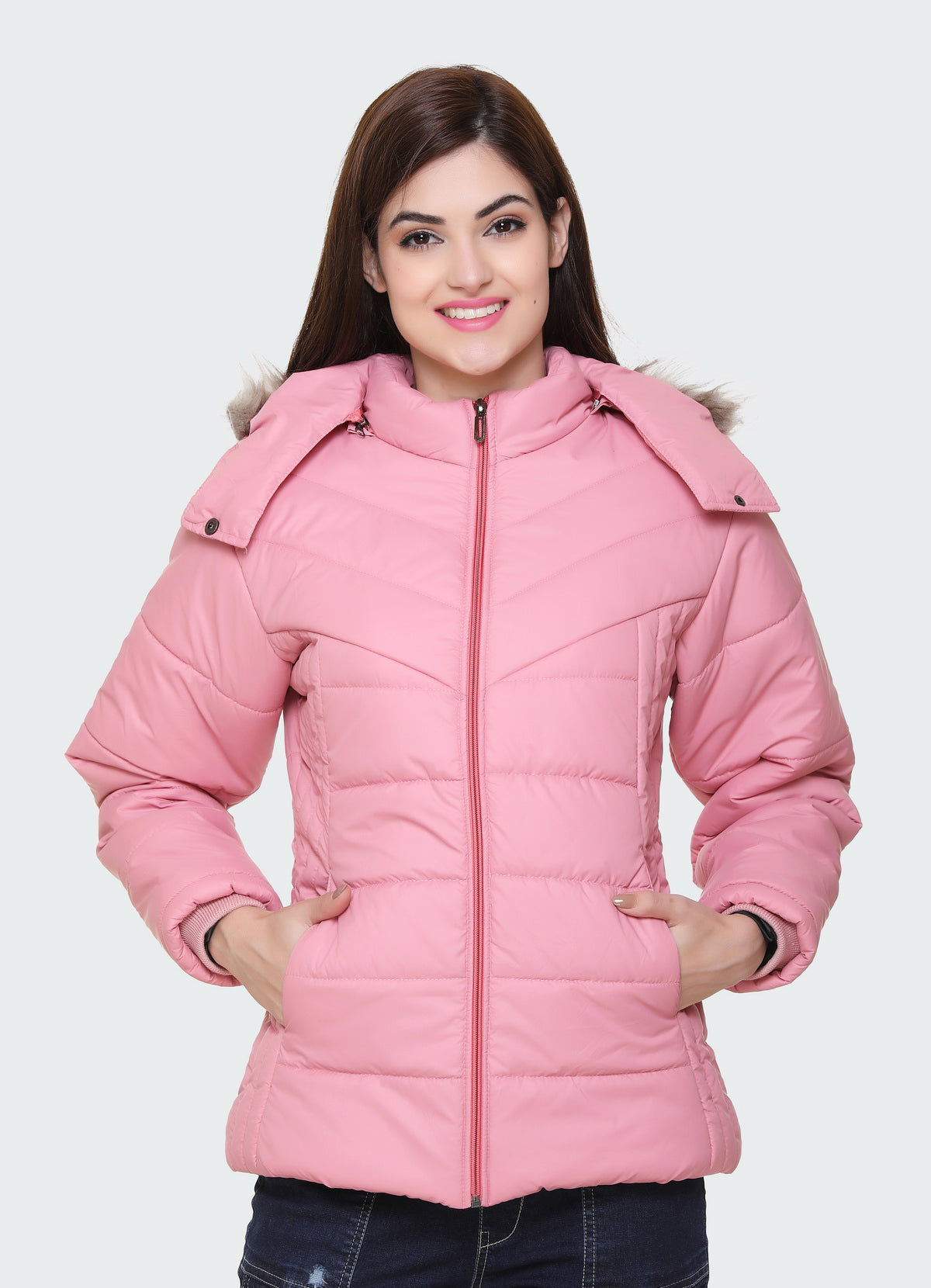 White Moon Nylon Winter Zipper Hood Ladies Jacket (Pink) whitemoon.in