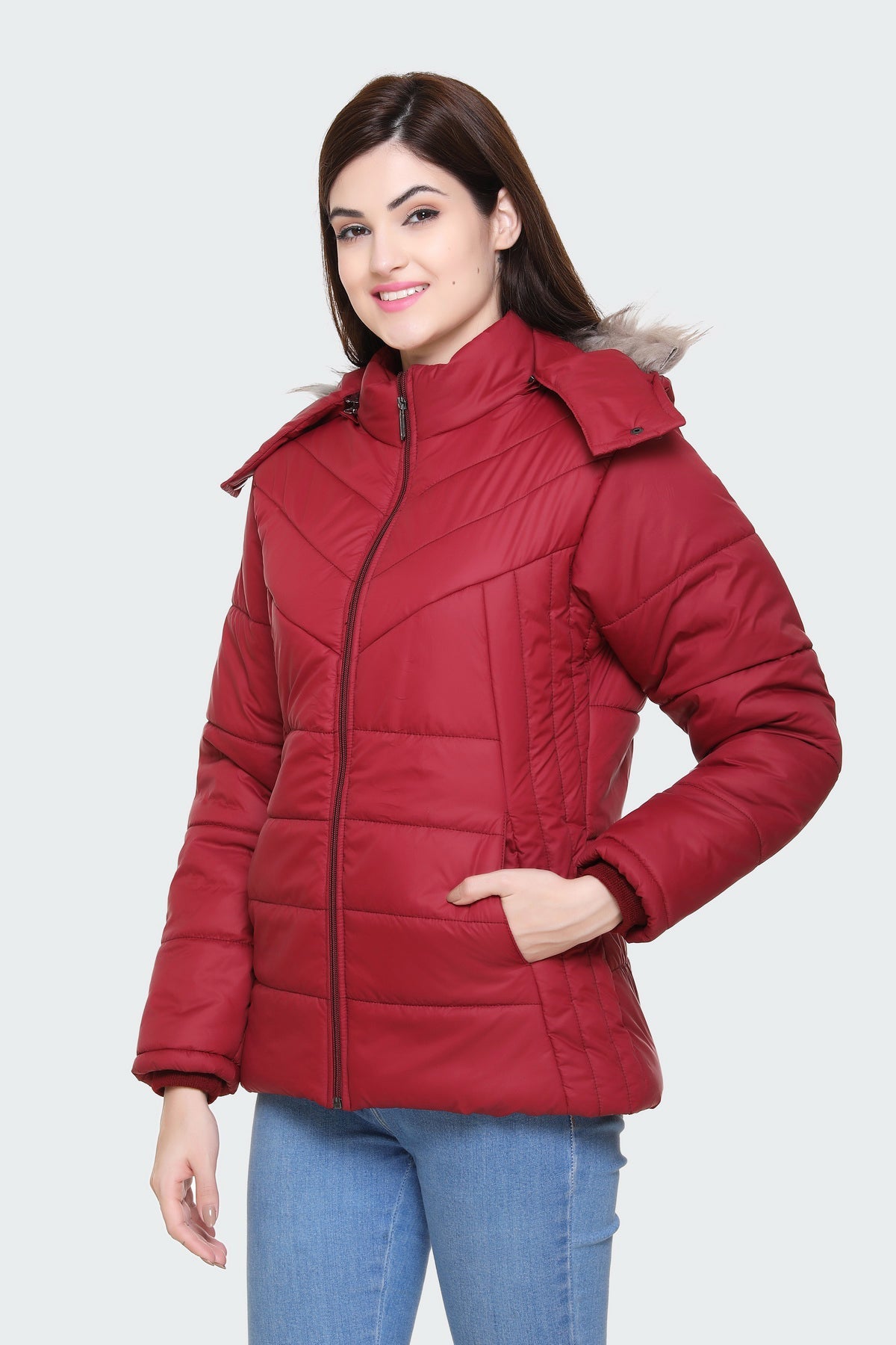 White Moon Winter Zipper Hood Women Puffer Jacket (Mehroon) whitemoon.in