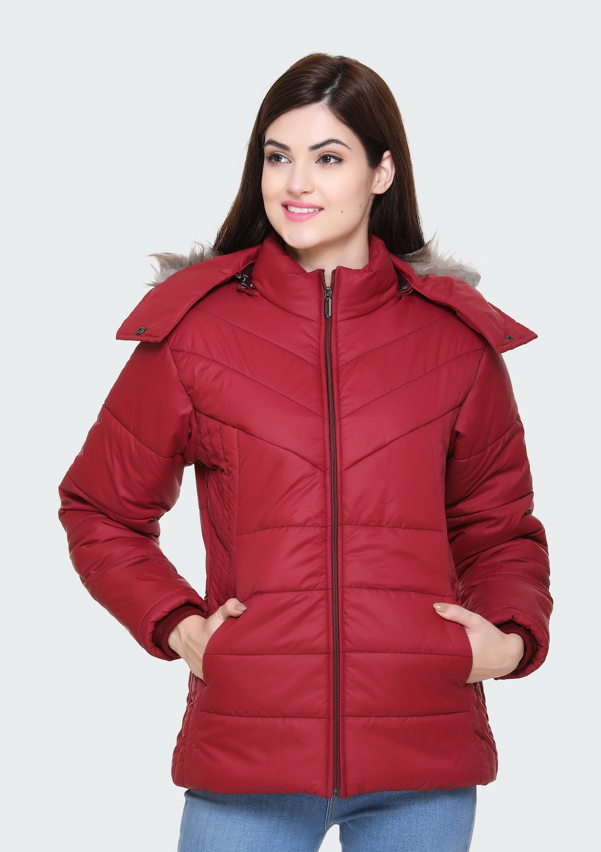 White Moon Winter Zipper Hood Women Puffer Jacket (Mehroon) whitemoon.in