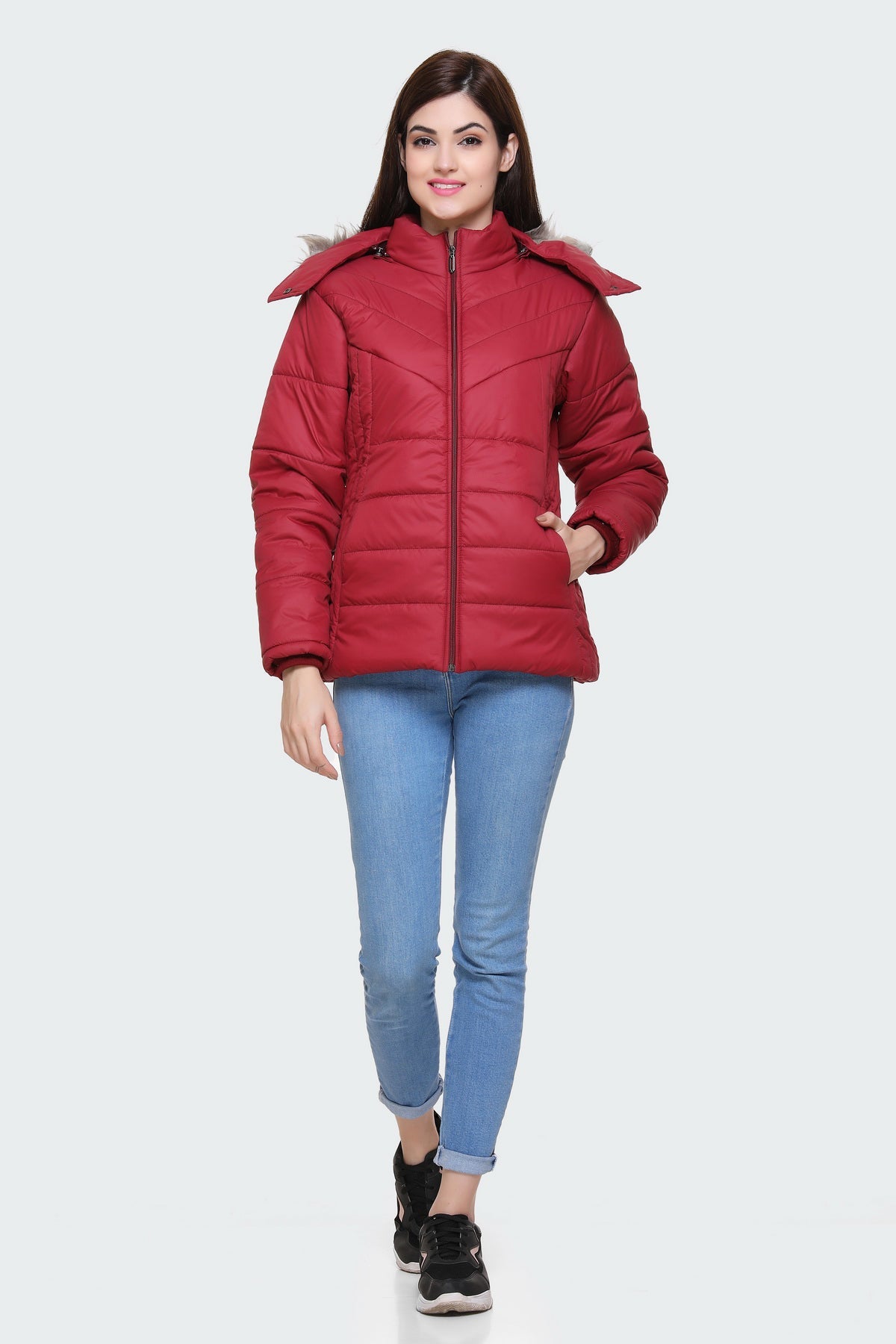 White Moon Winter Zipper Hood Women Puffer Jacket (Mehroon) whitemoon.in