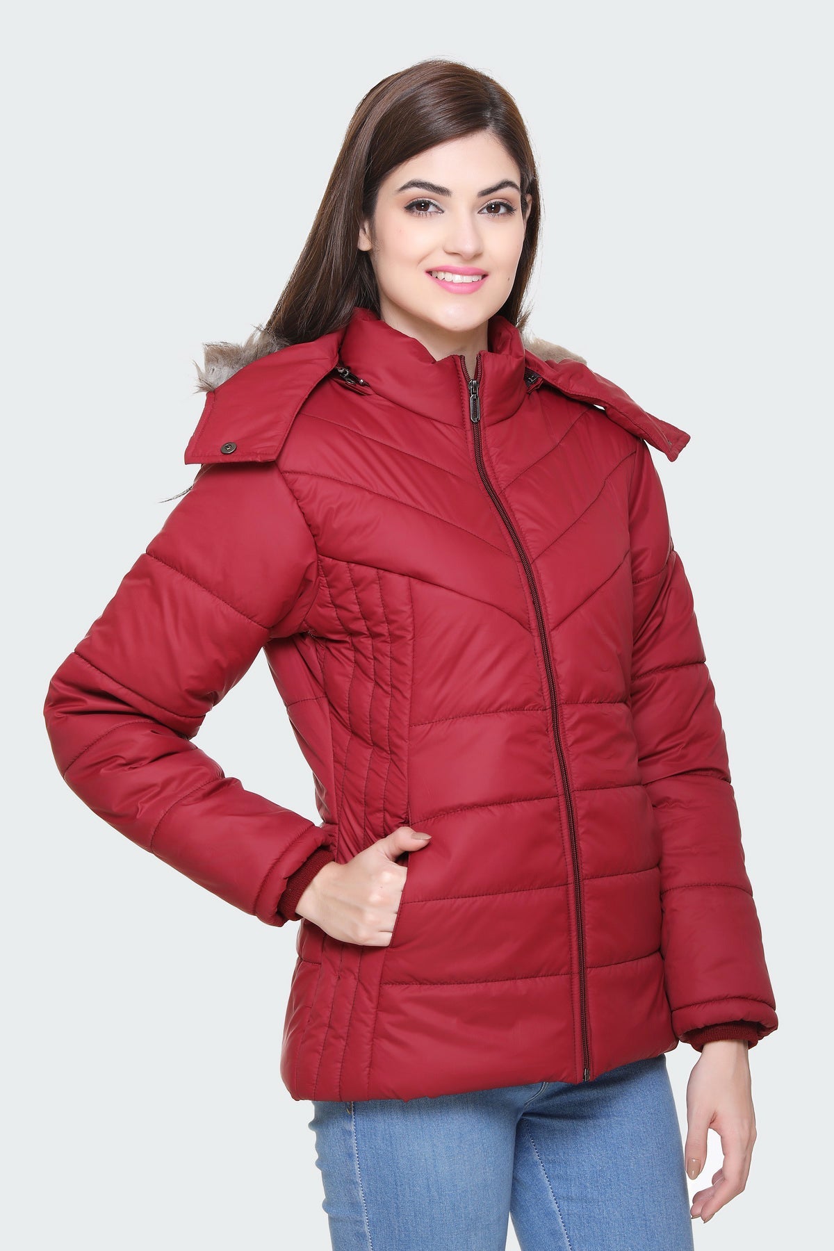 White Moon Winter Zipper Hood Women Puffer Jacket (Mehroon) whitemoon.in