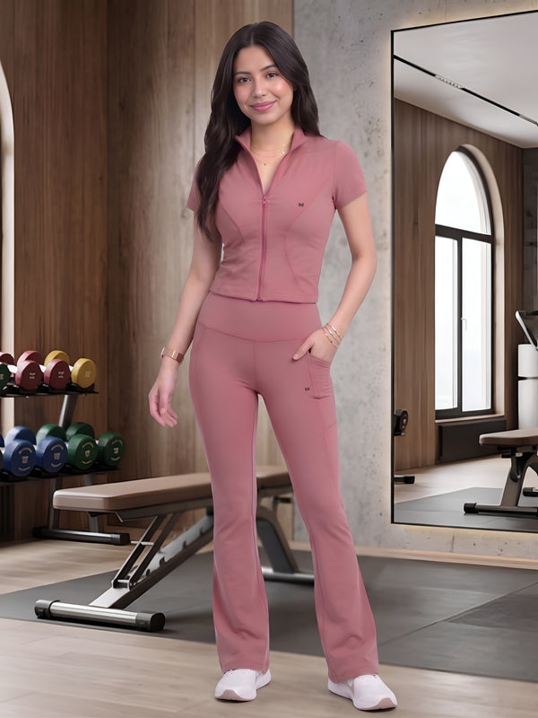 White Moon Ultra Momentum Series Pink Zipper Top With Flared Pant Co-Ord Set