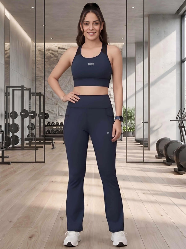White Moon Ultra Momentum Series Navy Sports Bra With Flared Pants Co-Ord Set
