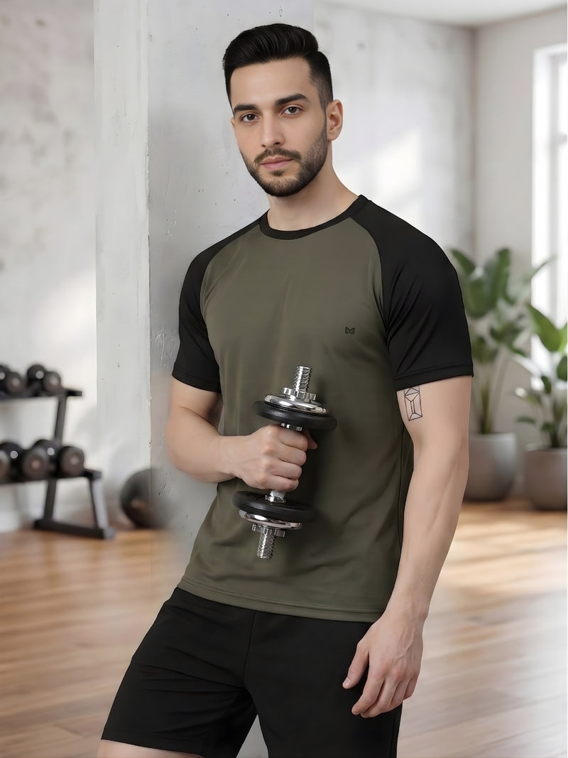 Men Workout Series Relgan Half Sleeve Olive Gym T-shirt