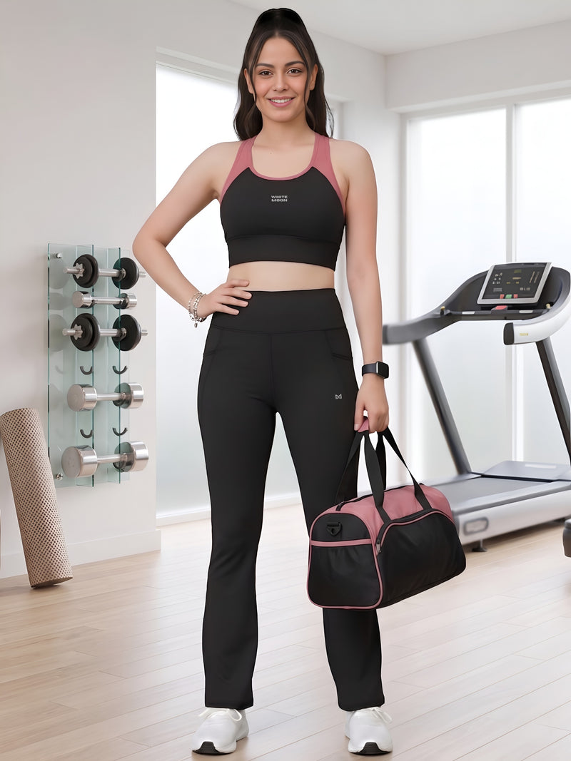 White Moon Ultra Momentum Series Black Sports Bra With Flared Pants Co-Ord Set