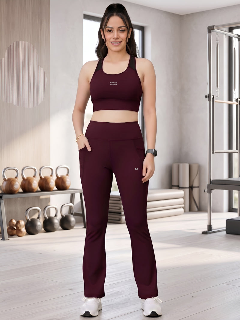 White Moon Ultra Momentum Series Mehroon Sports Bra With Flared Pants Co-Ord Set