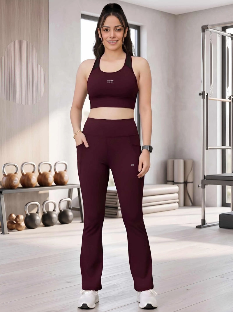 White Moon Ultra Momentum Series Mehroon Sports Bra With Flared Pants Co-Ord Set