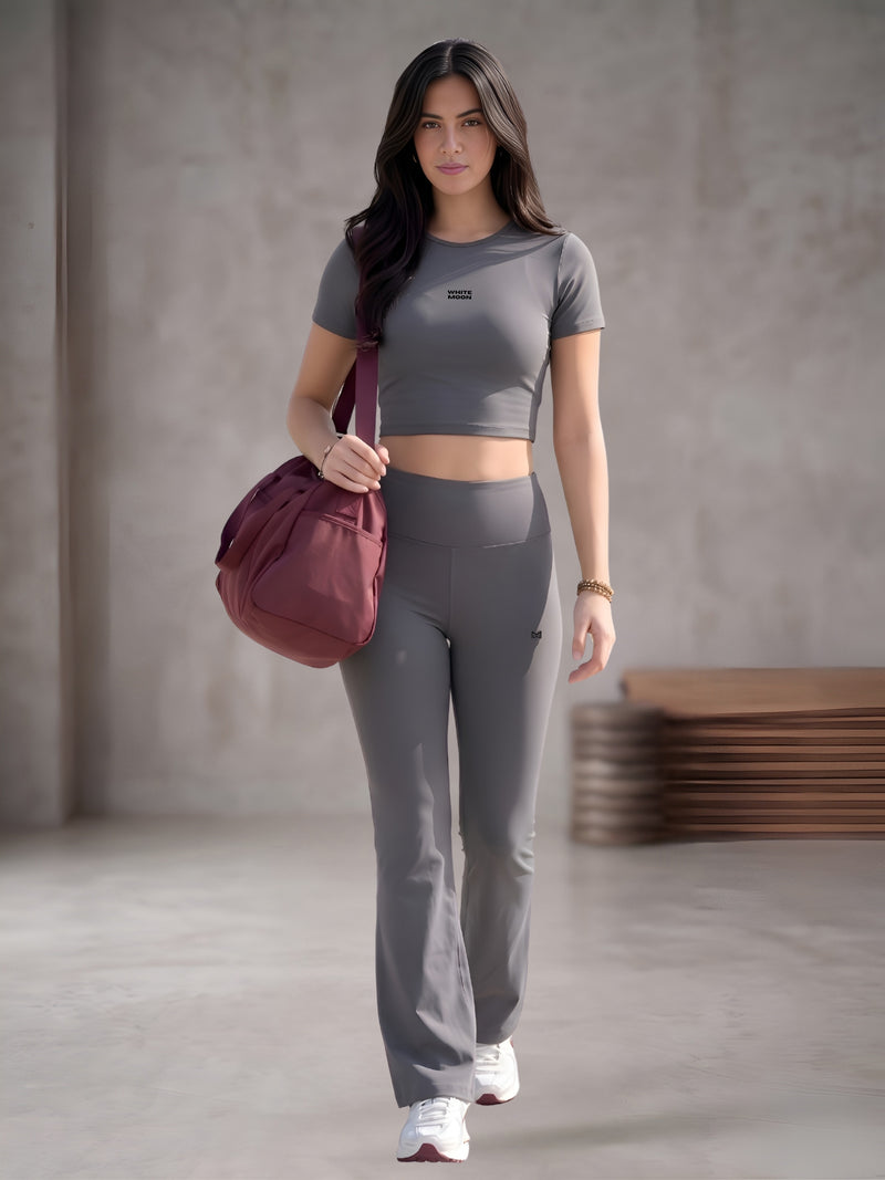 White Moon Ultra Momentum Series Grey Crop Top With Flared Pant Co-Ord Set