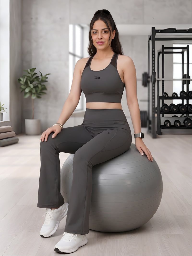 White Moon Ultra Momentum Series Grey Sports Bra With Flared Pants Co-Ord Set