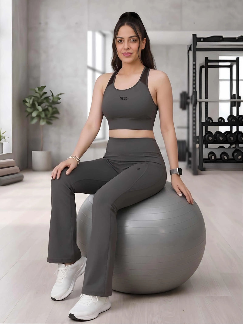 White Moon Ultra Momentum Series Grey Sports Bra With Flared Pants Co-Ord Set
