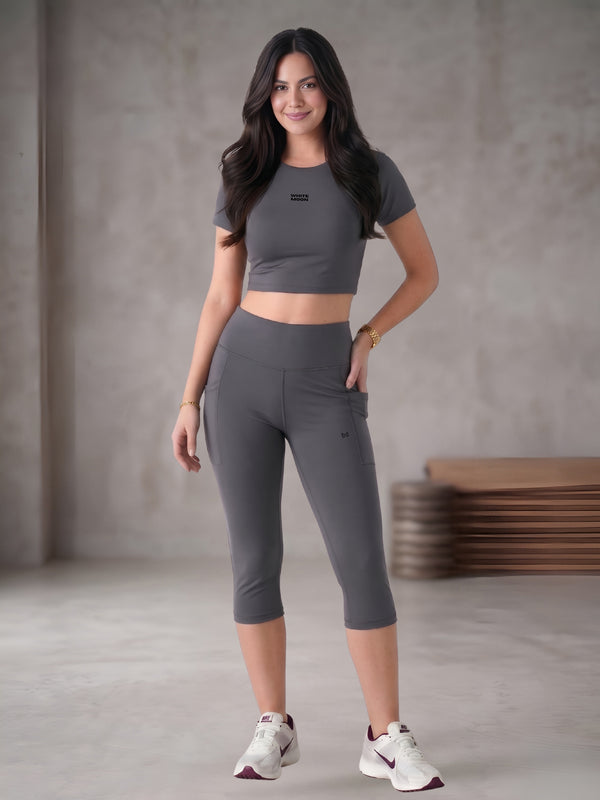 White Moon Ultra Momentum Series Grey Crop Top With Capri Co-Ord Set
