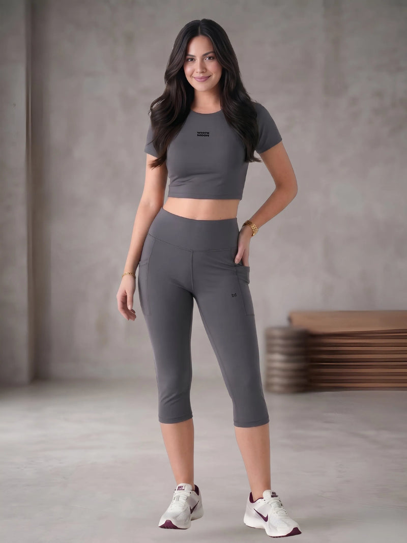 White Moon Ultra Momentum Series Grey Crop Top With Capri Co-Ord Set