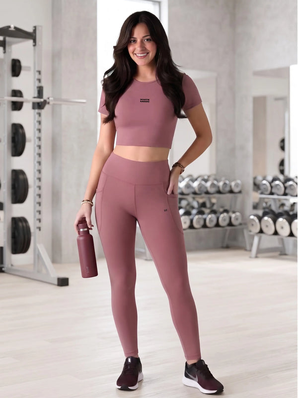 White Moon Ultra Momentum Series Pink Crop Top With Legging Co-Ord Set
