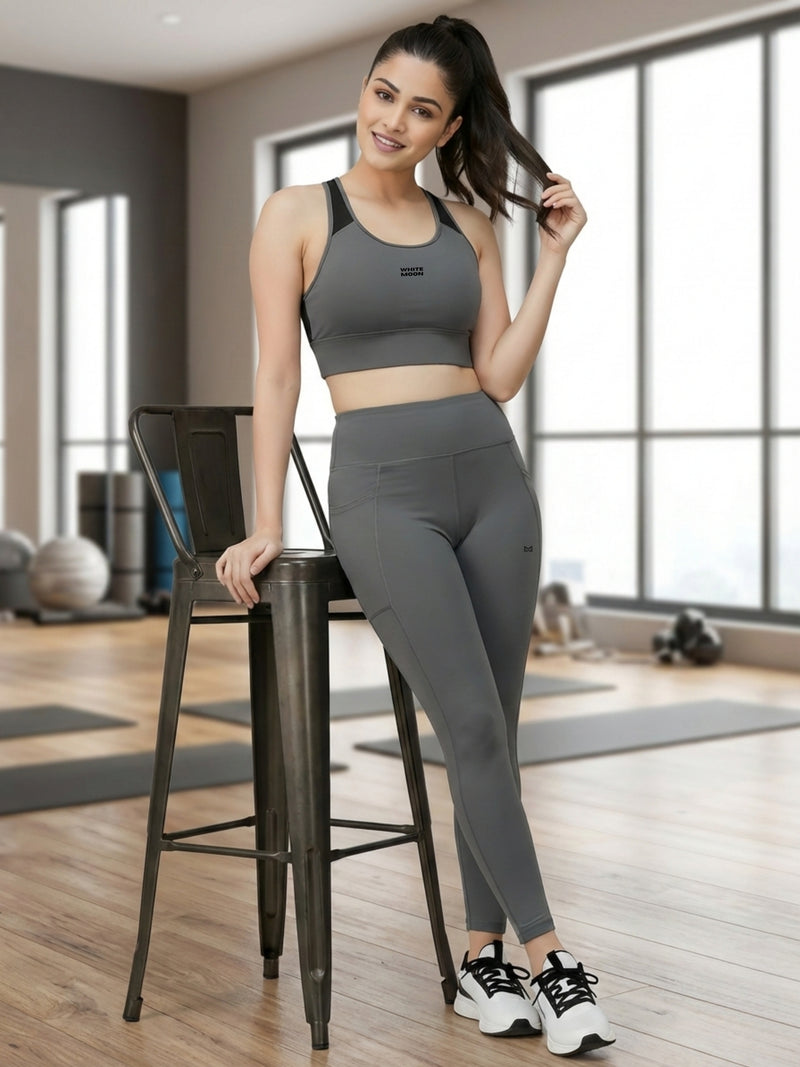 White Moon Ultra Momentum Series Grey Sports Bra with Legging Co-Ord Set