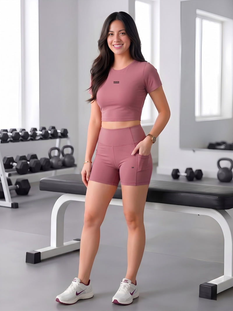 White Moon Ultra Momentum Series Pink Crop Top With Shorts Co-Ord Set